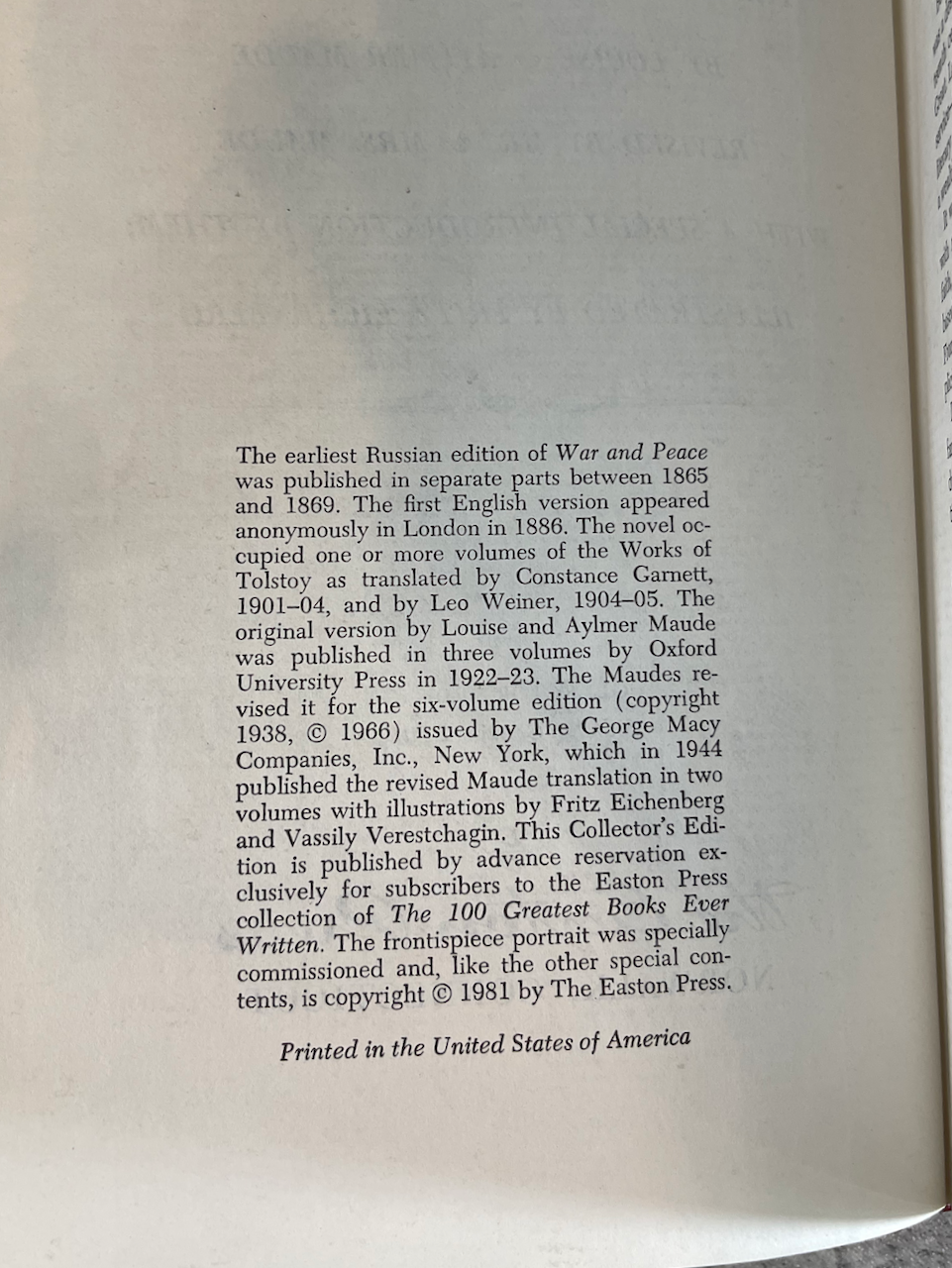 War & Peace / The Easton Press / 100 Greatest Books / 1981 - Precious Cache